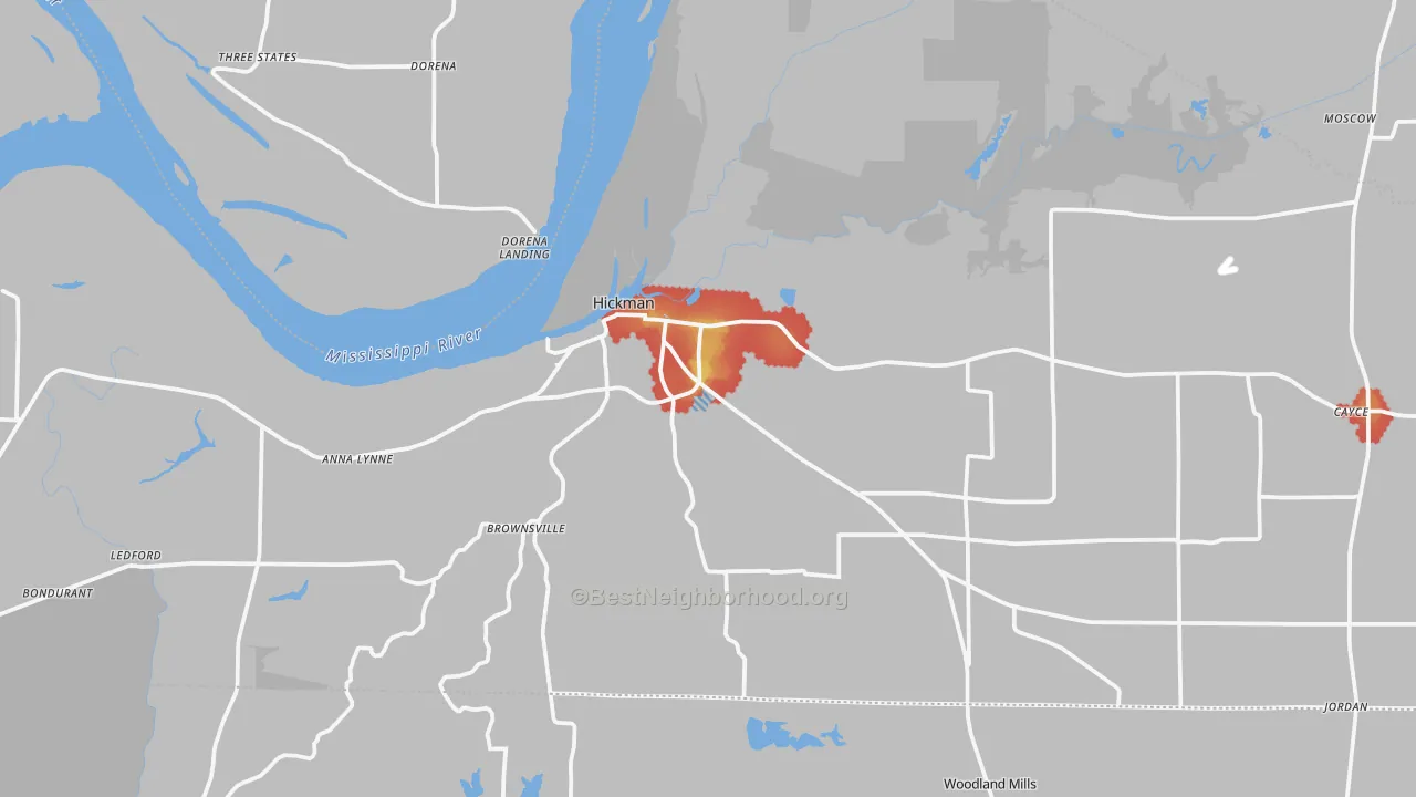 Walk Grade map of 42050, KY, walkable areas in green and car-dependent areas in red