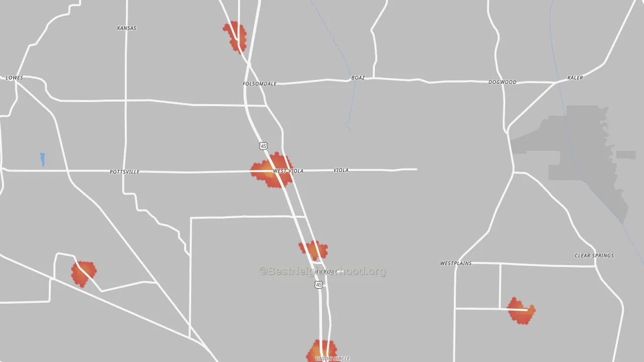 Walk Grade map of 42051, KY, walkable areas in green and car-dependent areas in red