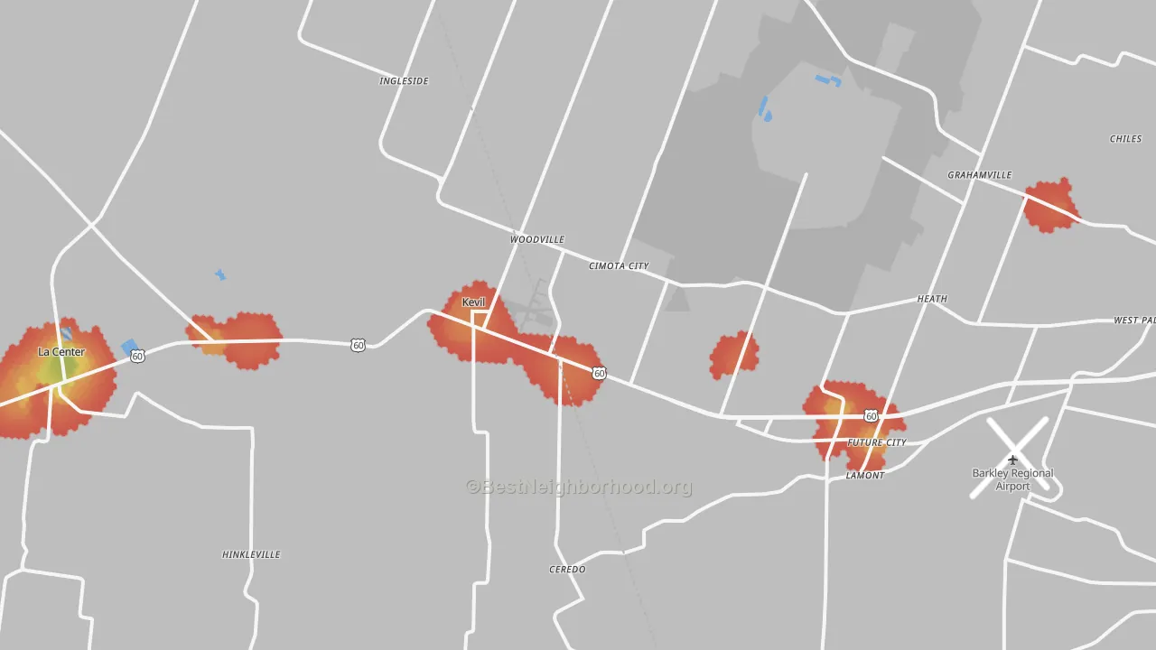 Walk Grade map of 42053, KY, walkable areas in green and car-dependent areas in red