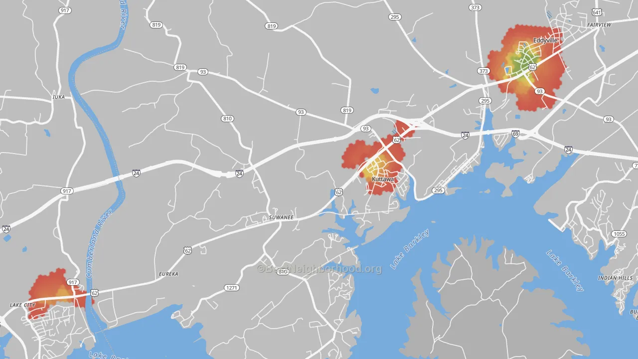 Walk Grade map of 42055, KY, walkable areas in green and car-dependent areas in red