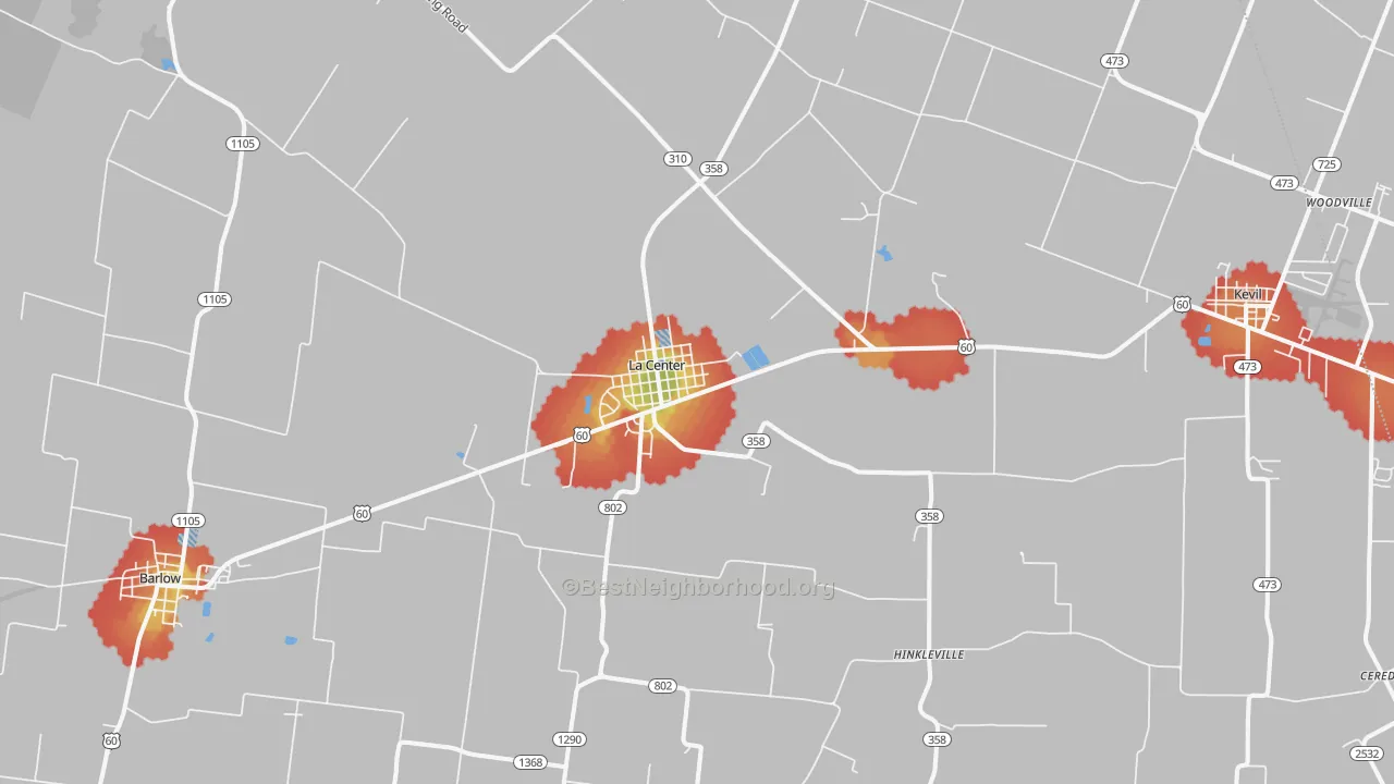 Walk Grade map of 42056, KY, walkable areas in green and car-dependent areas in red
