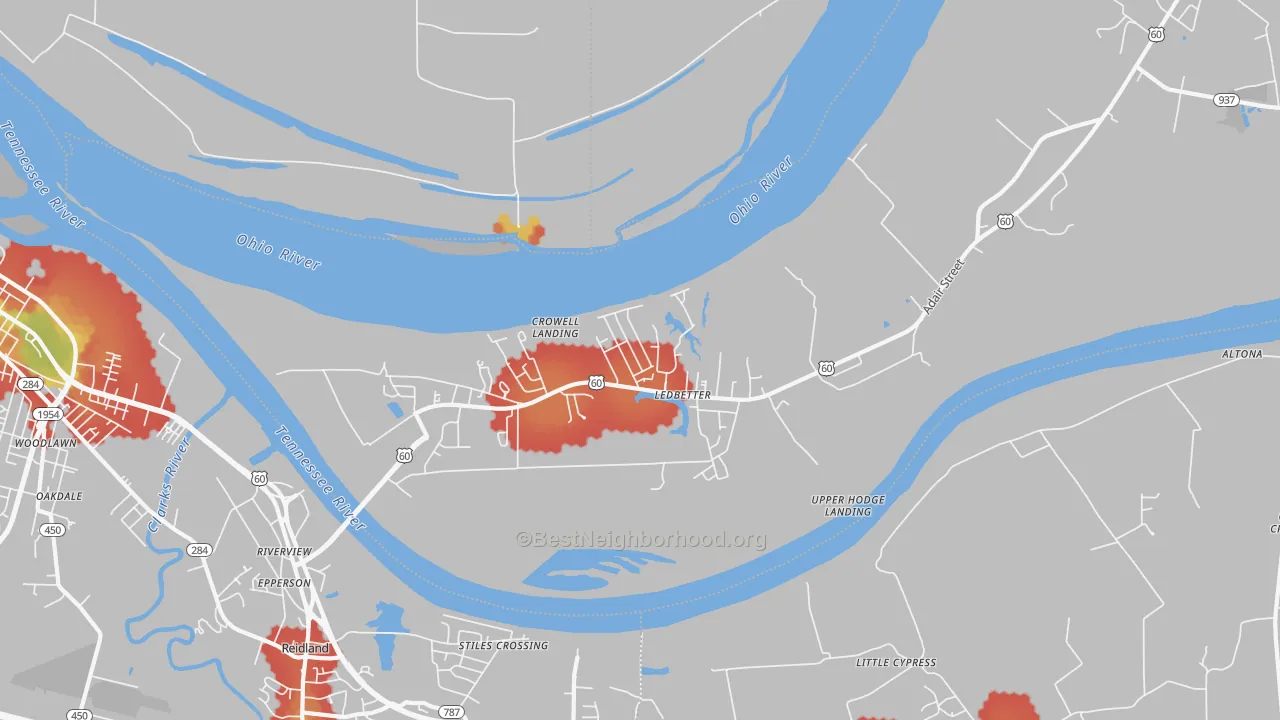 Walk Grade map of 42058, KY, walkable areas in green and car-dependent areas in red