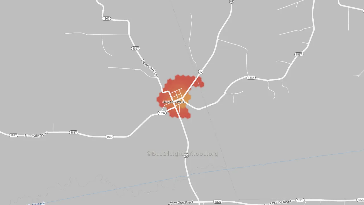 Walk Grade map of 42060, KY, walkable areas in green and car-dependent areas in red