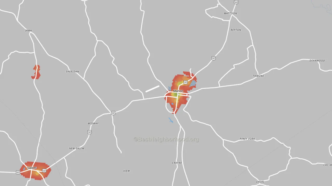 Walk Grade map of 42064, KY, walkable areas in green and car-dependent areas in red