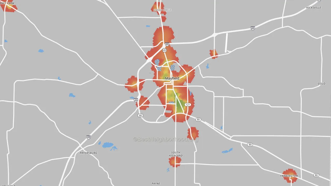 Walk Grade map of 42066, KY, walkable areas in green and car-dependent areas in red