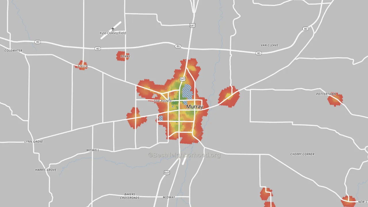 Walk Grade map of 42071, KY, walkable areas in green and car-dependent areas in red