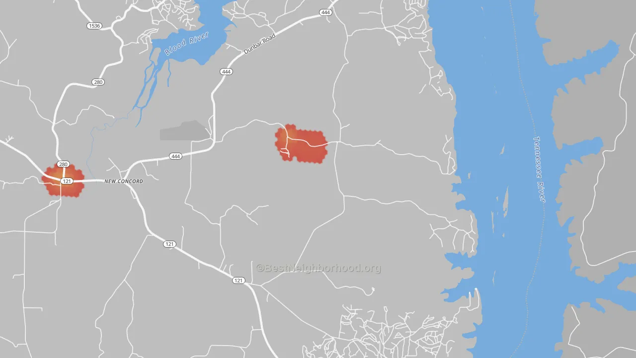 Walk Grade map of 42076, KY, walkable areas in green and car-dependent areas in red