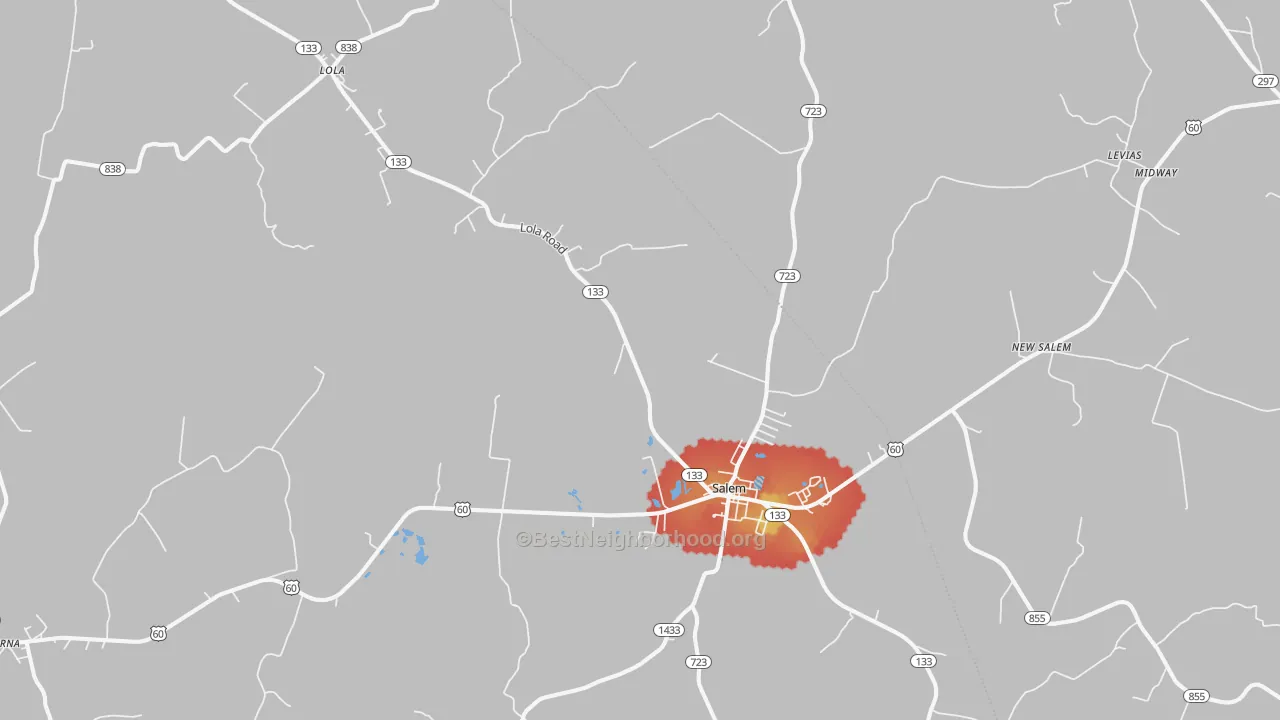 Walk Grade map of 42078, KY, walkable areas in green and car-dependent areas in red