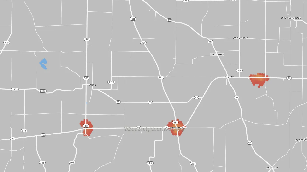 Walk Grade map of 42079, KY, walkable areas in green and car-dependent areas in red