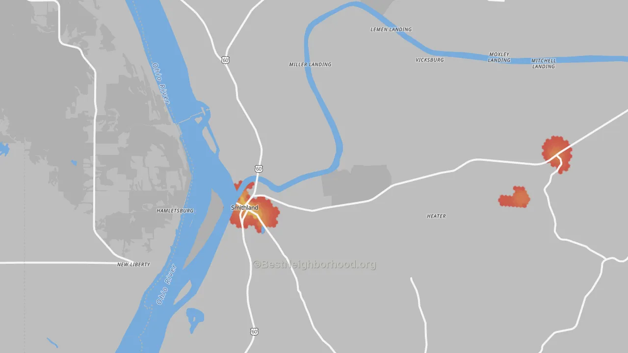 Walk Grade map of 42081, KY, walkable areas in green and car-dependent areas in red