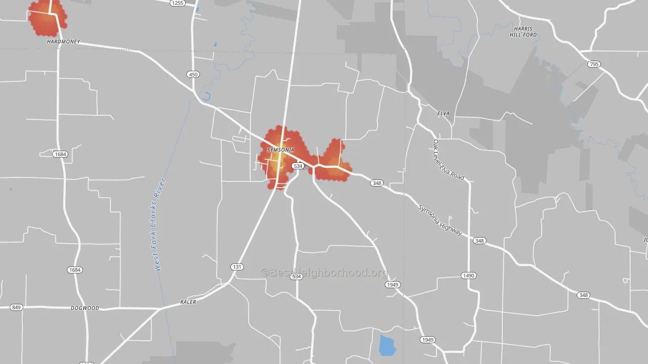 Walk Grade map of 42082, KY, walkable areas in green and car-dependent areas in red