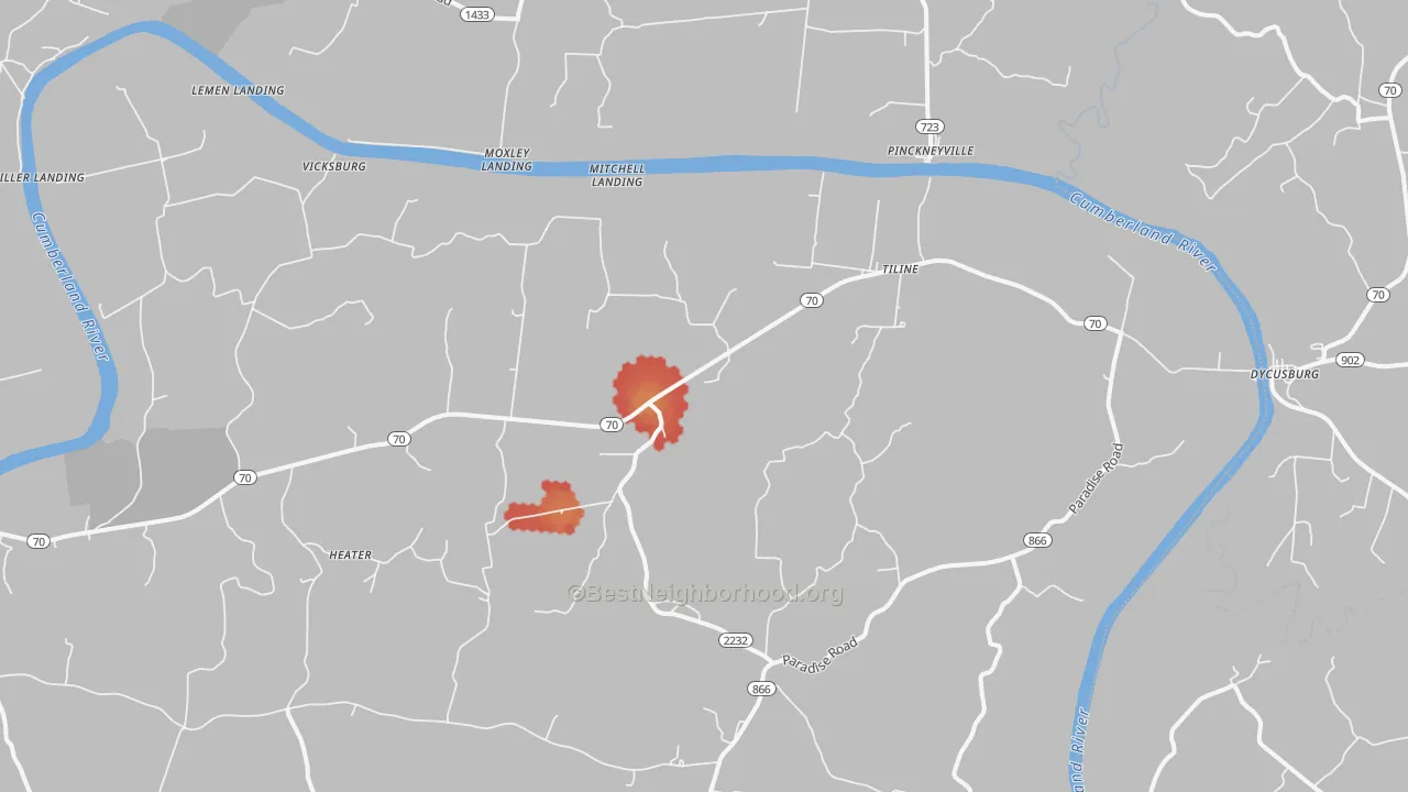 Walk Grade map of 42083, KY, walkable areas in green and car-dependent areas in red