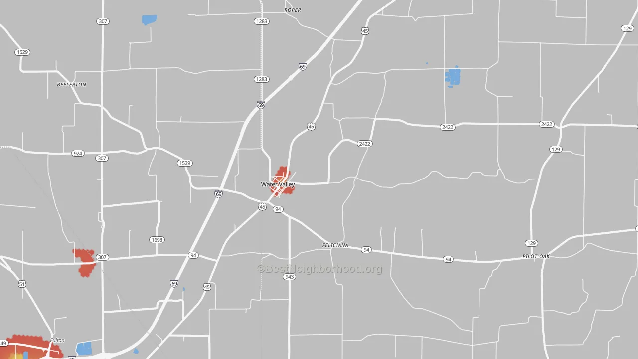 Walk Grade map of 42085, KY, walkable areas in green and car-dependent areas in red