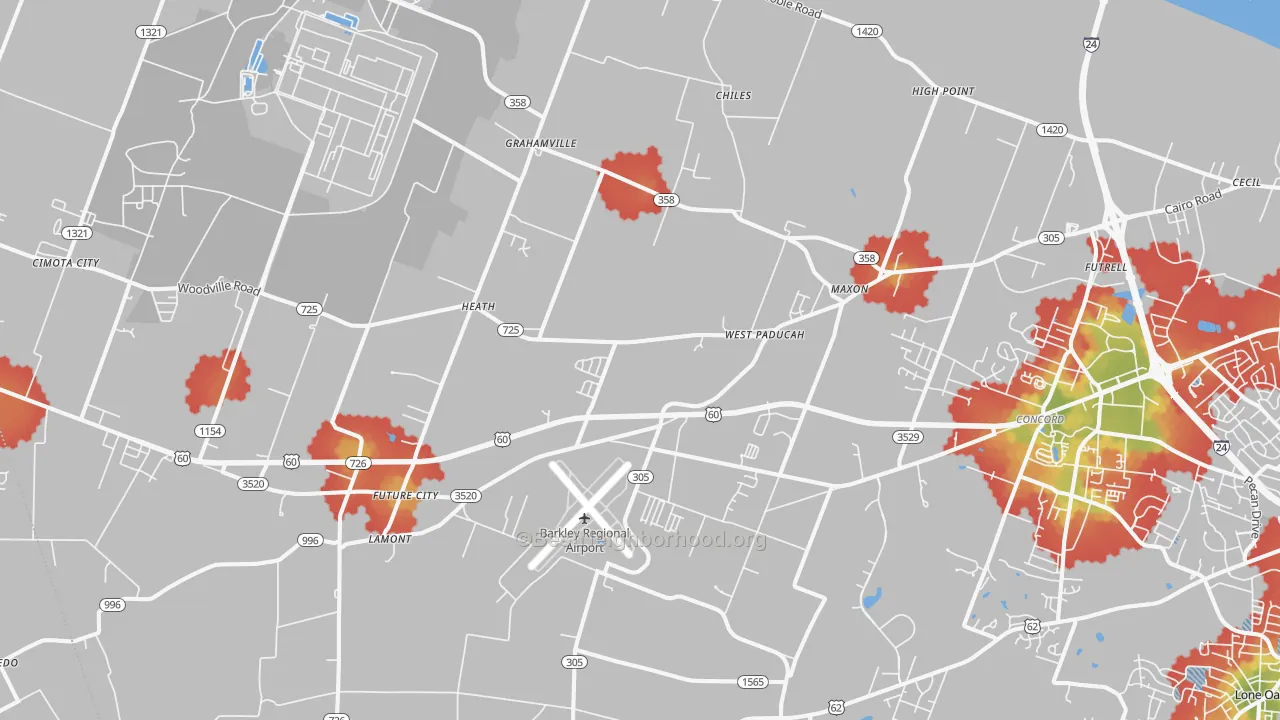Walk Grade map of 42086, KY, walkable areas in green and car-dependent areas in red
