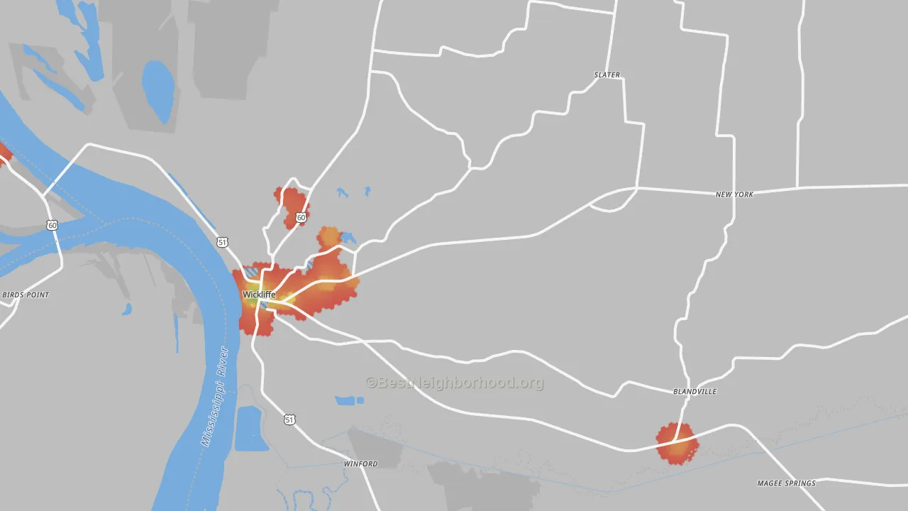 Walk Grade map of 42087, KY, walkable areas in green and car-dependent areas in red