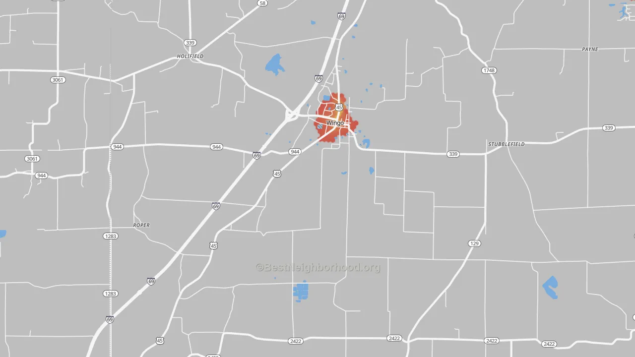 Walk Grade map of 42088, KY, walkable areas in green and car-dependent areas in red