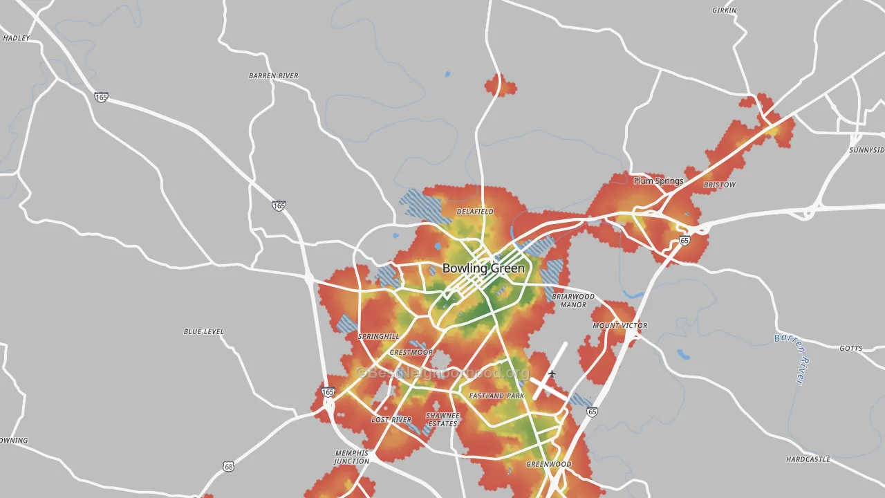 Walk Grade map of 42101, KY, walkable areas in green and car-dependent areas in red