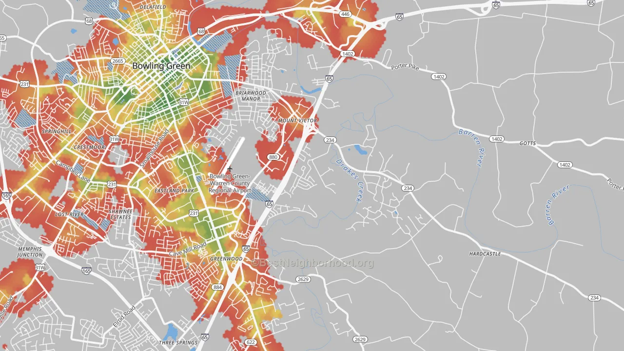Walk Grade map of 42103, KY, walkable areas in green and car-dependent areas in red