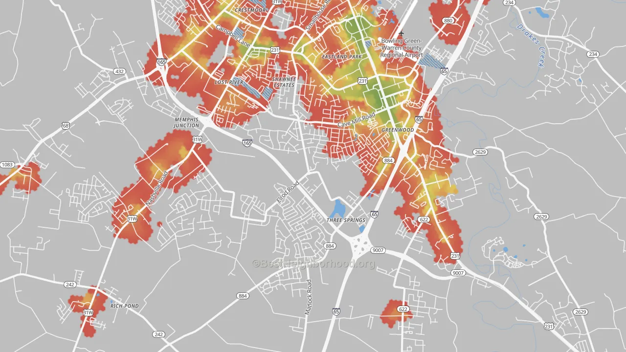 Walk Grade map of 42104, KY, walkable areas in green and car-dependent areas in red