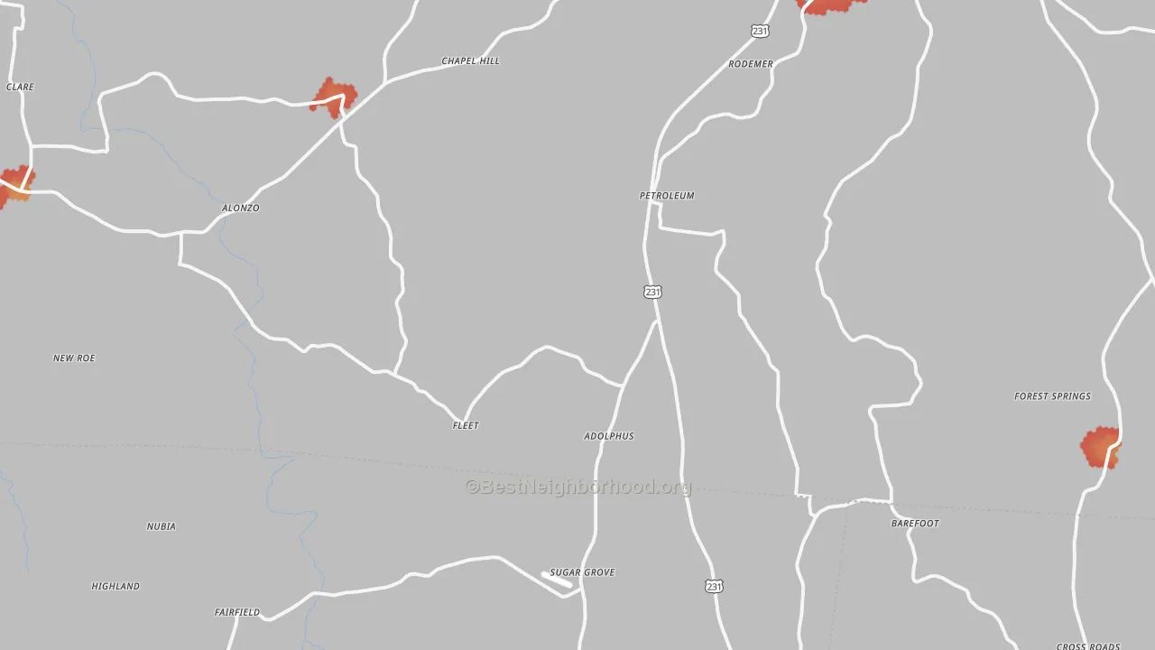 Walk Grade map of 42120, KY, walkable areas in green and car-dependent areas in red