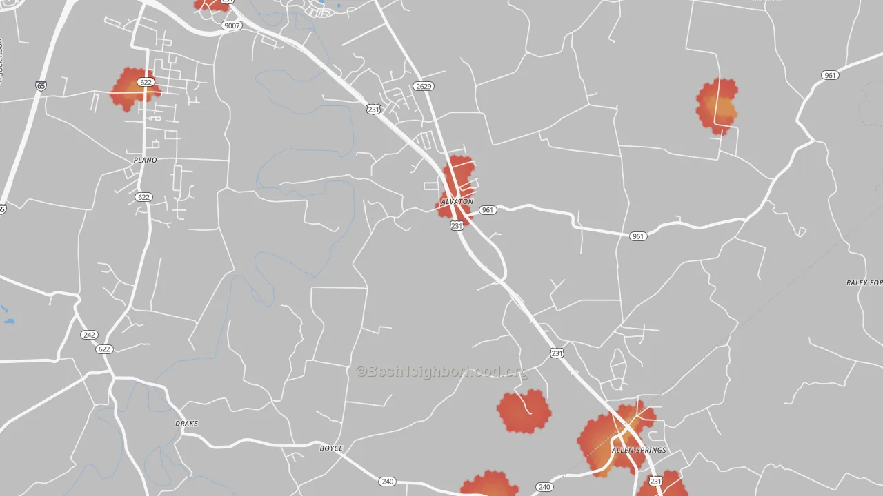 Walk Grade map of 42122, KY, walkable areas in green and car-dependent areas in red