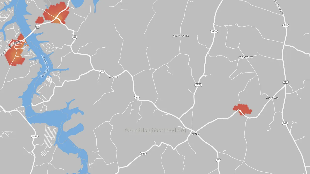 Walk Grade map of 42123, KY, walkable areas in green and car-dependent areas in red