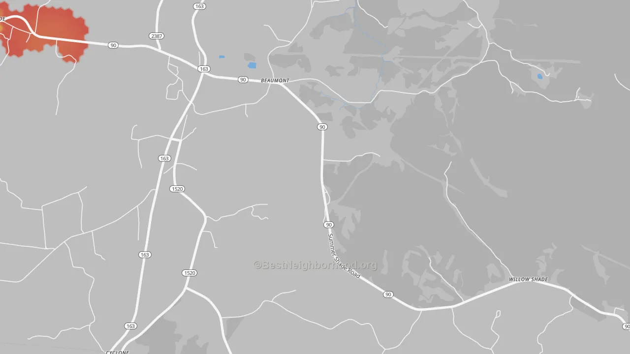 Walk Grade map of 42124, KY, walkable areas in green and car-dependent areas in red