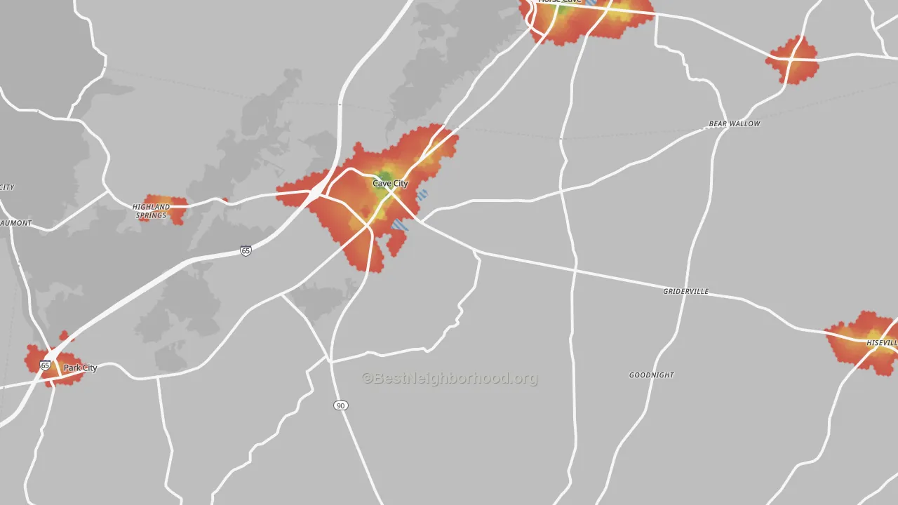 Walk Grade map of 42127, KY, walkable areas in green and car-dependent areas in red