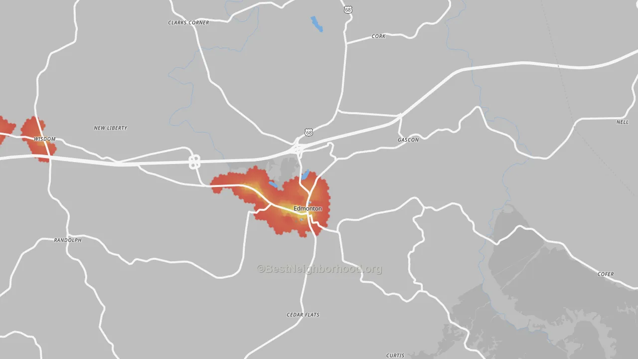 Walk Grade map of 42129, KY, walkable areas in green and car-dependent areas in red