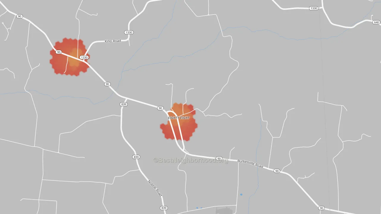 Walk Grade map of 42130, KY, walkable areas in green and car-dependent areas in red