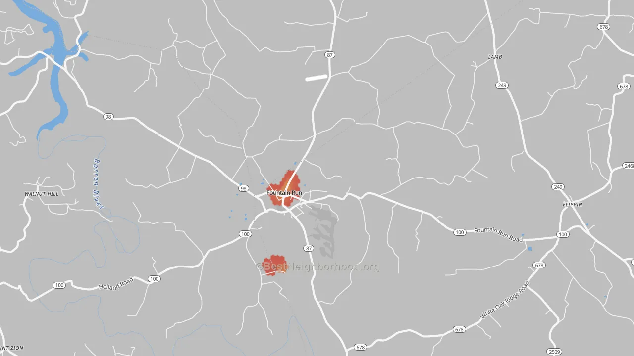 Walk Grade map of 42133, KY, walkable areas in green and car-dependent areas in red