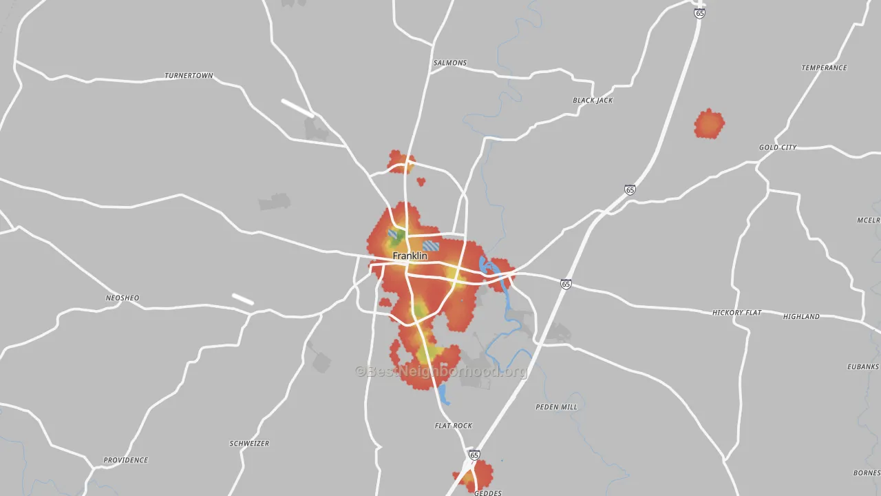 Walk Grade map of 42134, KY, walkable areas in green and car-dependent areas in red