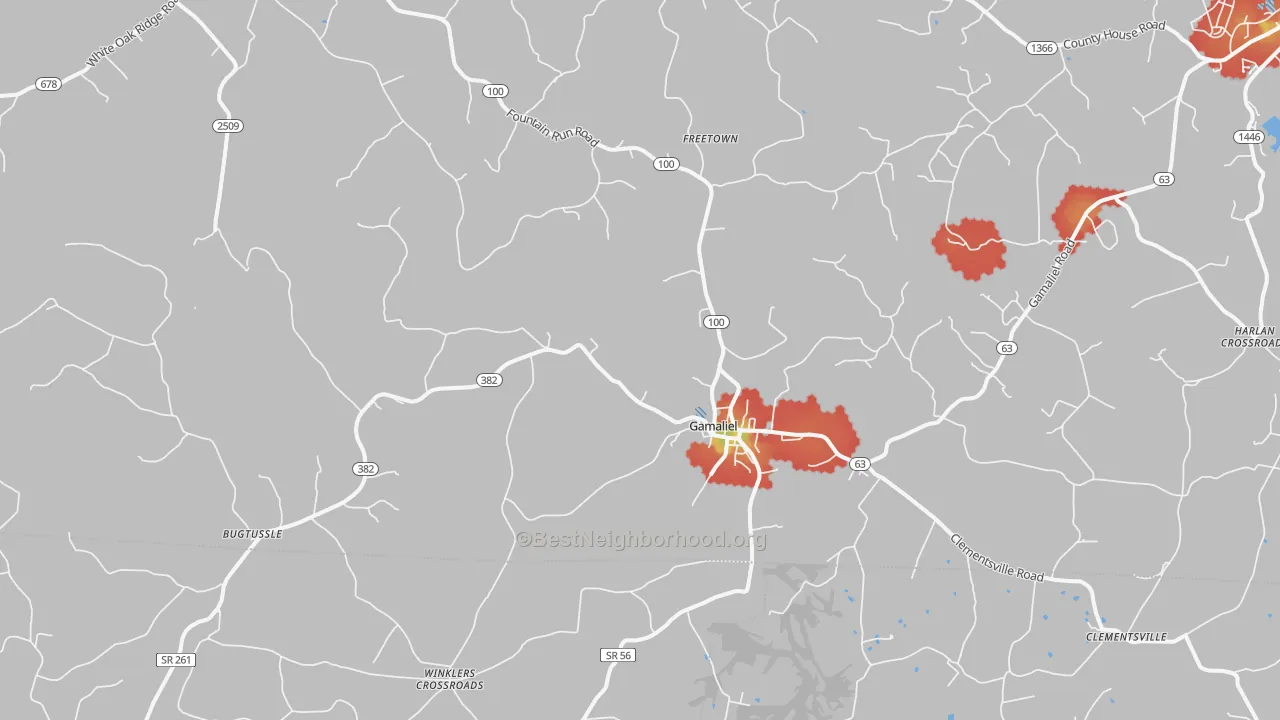 Walk Grade map of 42140, KY, walkable areas in green and car-dependent areas in red