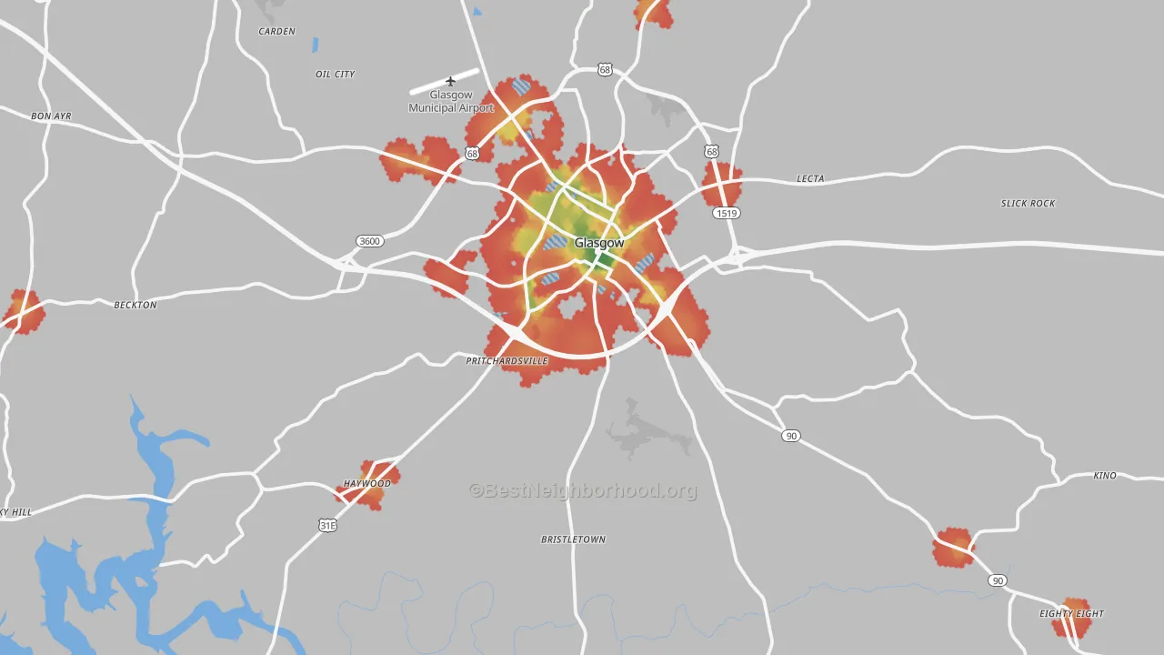 Walk Grade map of 42141, KY, walkable areas in green and car-dependent areas in red