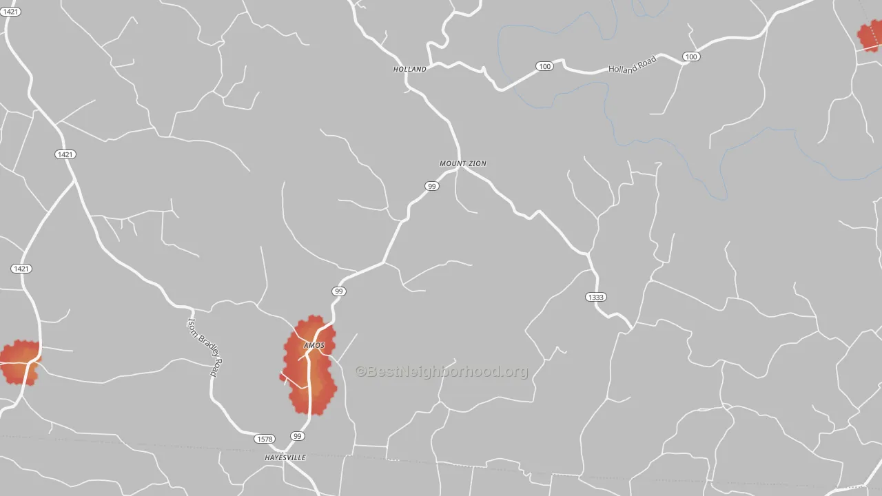 Walk Grade map of 42153, KY, walkable areas in green and car-dependent areas in red