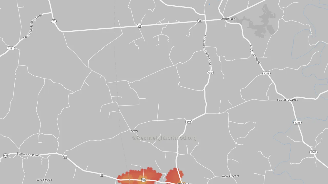 Walk Grade map of 42154, KY, walkable areas in green and car-dependent areas in red