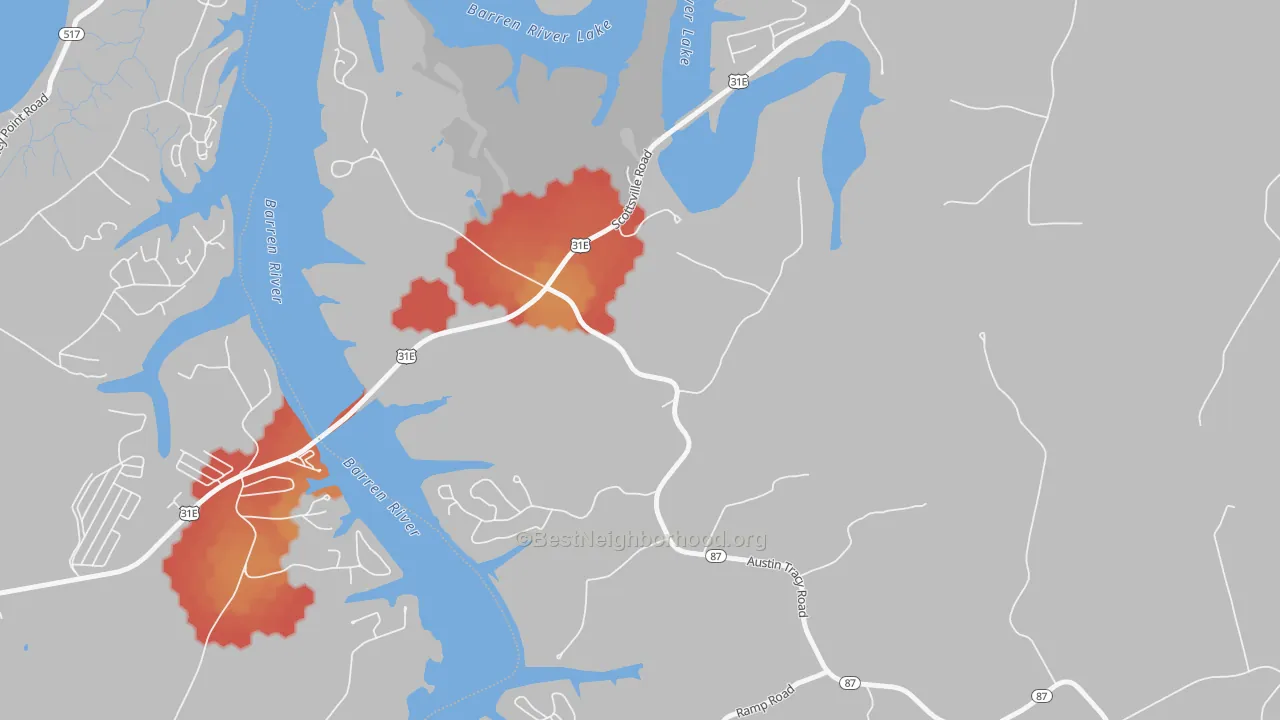 Walk Grade map of 42156, KY, walkable areas in green and car-dependent areas in red