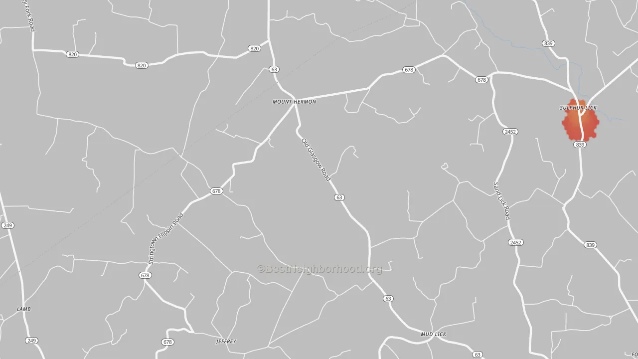 Walk Grade map of 42157, KY, walkable areas in green and car-dependent areas in red