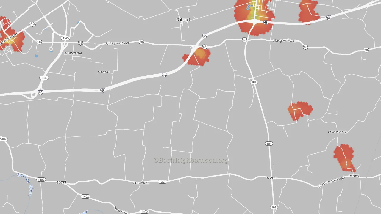 Walk Grade map of 42159, KY, walkable areas in green and car-dependent areas in red