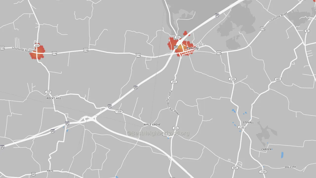Walk Grade map of 42160, KY, walkable areas in green and car-dependent areas in red