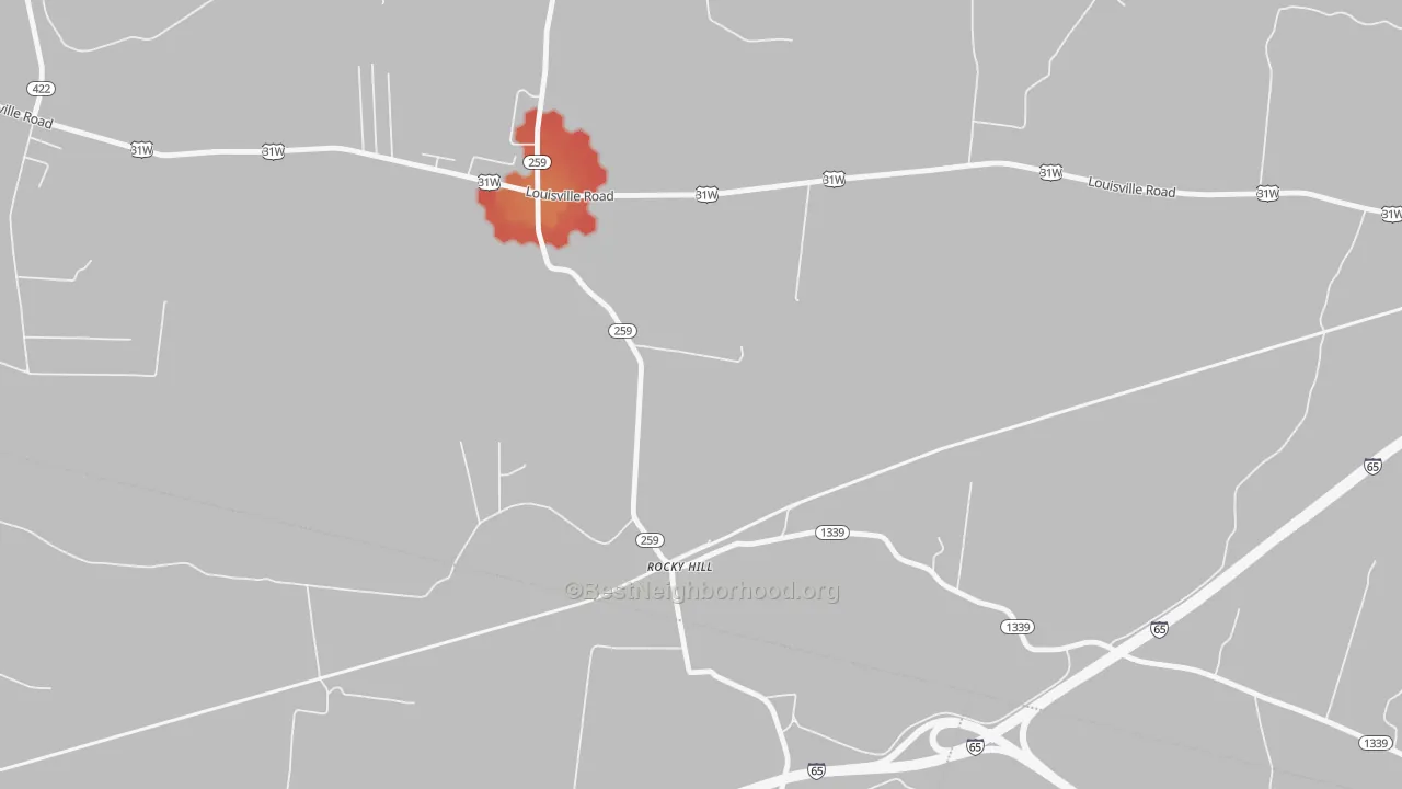 Walk Grade map of 42163, KY, walkable areas in green and car-dependent areas in red