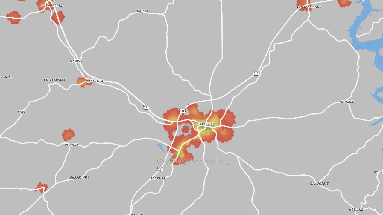 Walk Grade map of 42164, KY, walkable areas in green and car-dependent areas in red