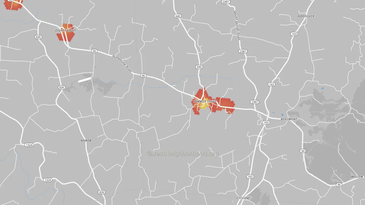 Walk Grade map of 42166, KY, walkable areas in green and car-dependent areas in red