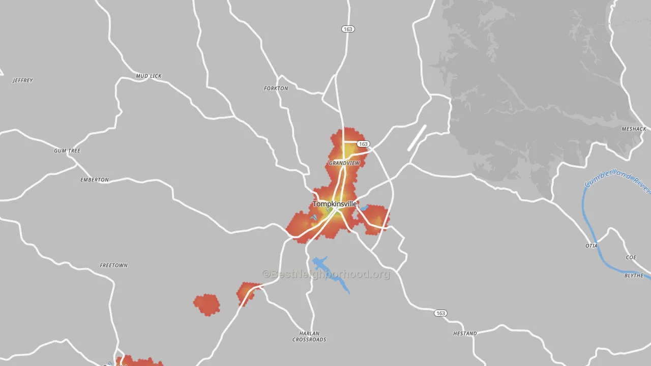 Walk Grade map of 42167, KY, walkable areas in green and car-dependent areas in red