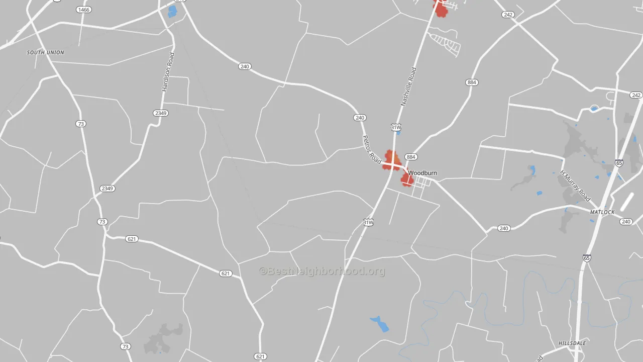 Walk Grade map of 42170, KY, walkable areas in green and car-dependent areas in red