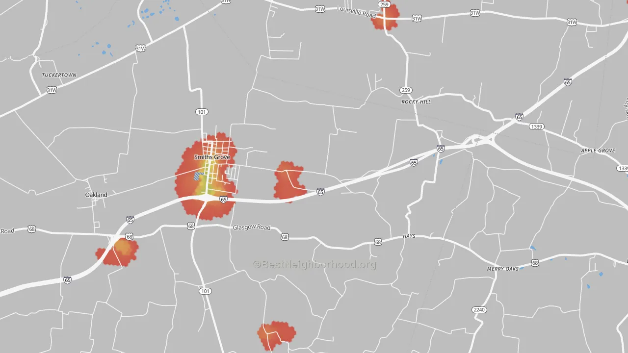 Walk Grade map of 42171, KY, walkable areas in green and car-dependent areas in red