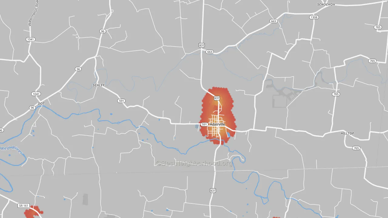 Walk Grade map of 42202, KY, walkable areas in green and car-dependent areas in red