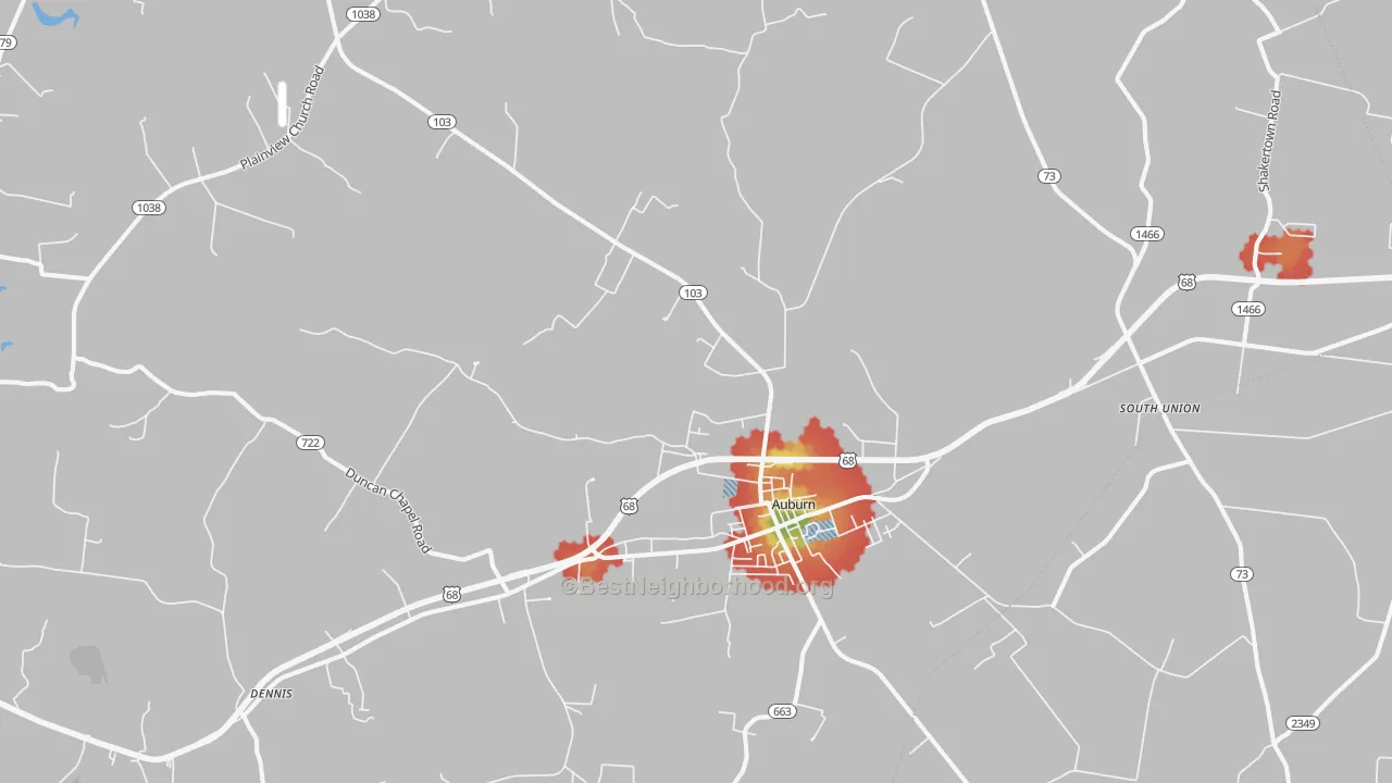 Walk Grade map of 42206, KY, walkable areas in green and car-dependent areas in red