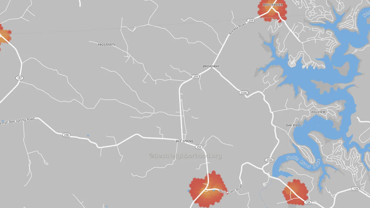 Walk Grade map of 42207, KY, walkable areas in green and car-dependent areas in red