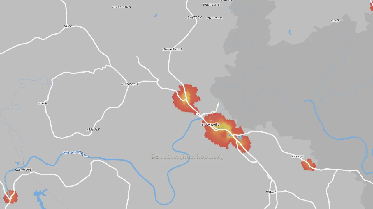 Walk Grade map of 42210, KY, walkable areas in green and car-dependent areas in red